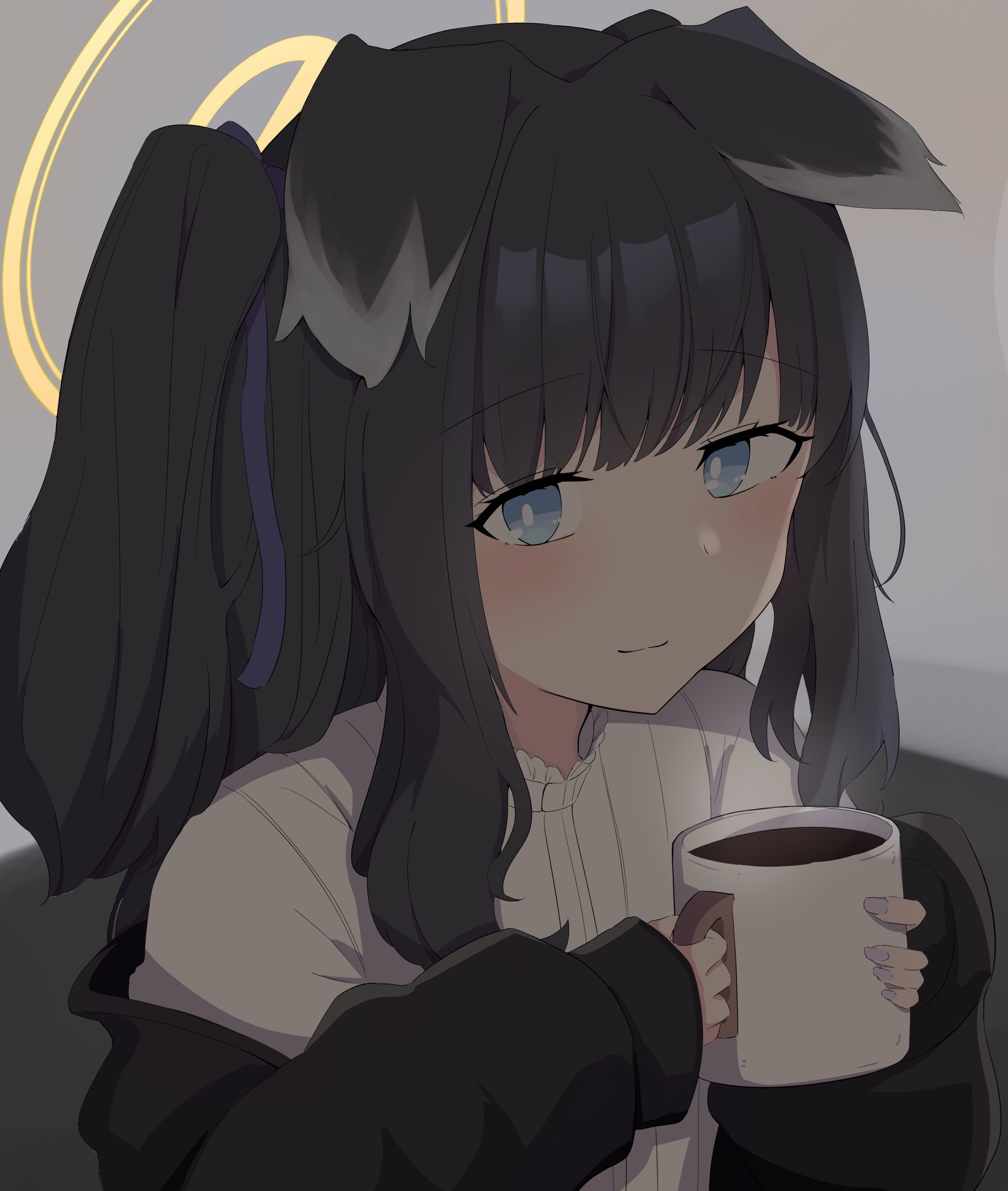 hibiki (blue archive), blue archive, absurdres, highres, 1024 tr, 1girl, animal ears, black hair, blue eyes, coffee, dog ears, dog girl, engineering department (blue archive), halo, holding, long hair, looking at viewer, solo, yellow halo