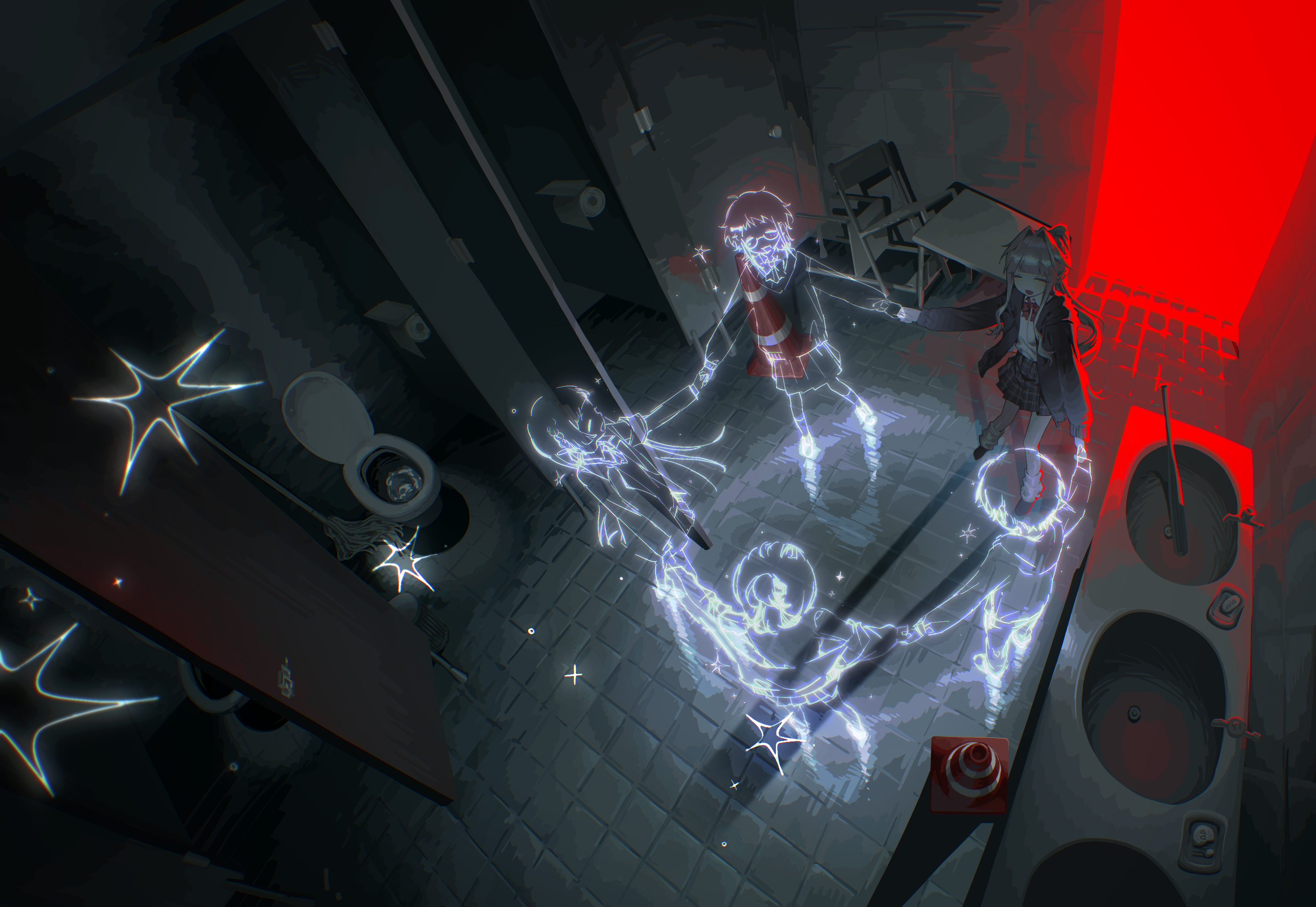 original, highres, 1girl, baseball bat, bathroom, black jacket, bow, bowtie, closed eyes, grey hair, hair intakes, jacket, kuwei (kuwei 2333), long hair, mop, open mouth, red bow, red light, school uniform, shirt, smile, soap, solo, toilet, toilet paper, traffic cone, white shirt