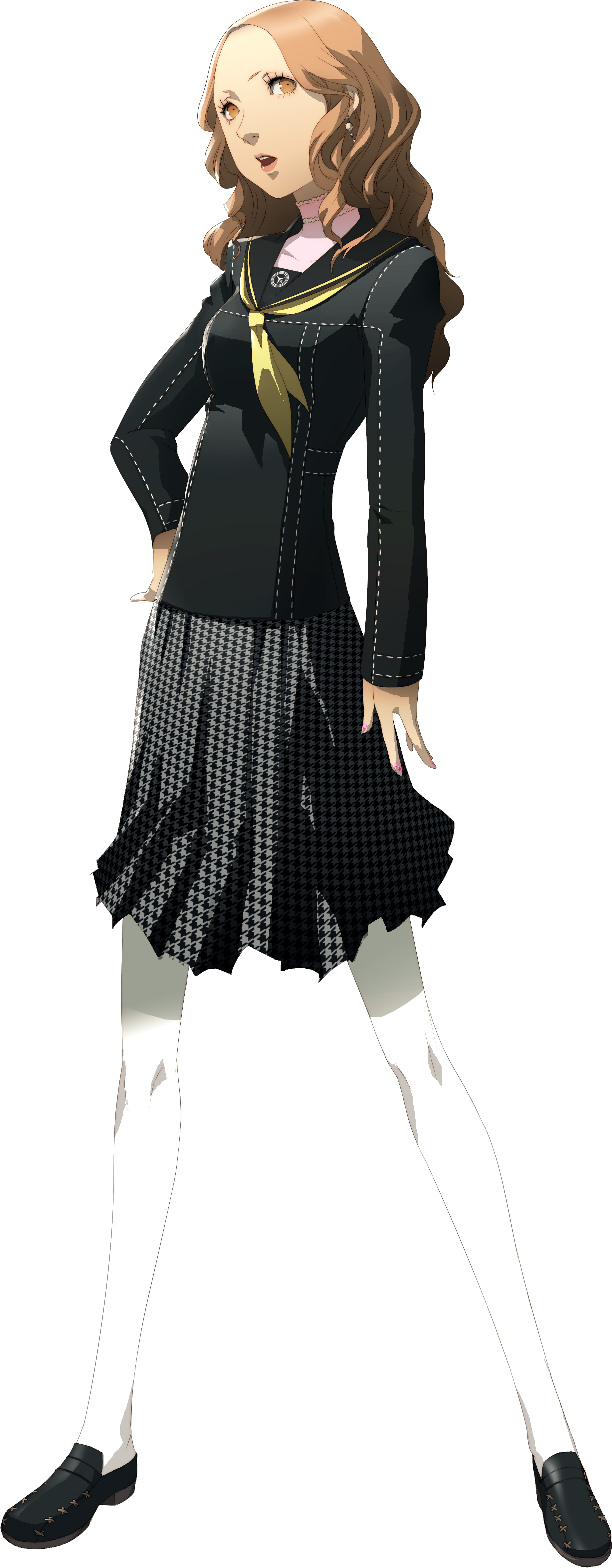 soejima shigenori, ebihara ai, persona, persona 4, absurdres, highres, official art, photoshop (medium), third-party source, 1girl, black serafuku, black shoes, black skirt, brown eyes, brown hair, curly hair, earrings, full body, jewelry, pantyhose, school uniform, serafuku, shoes, simple background, skirt, solo, standing, transparent background, white pantyhose, yasogami school uniform