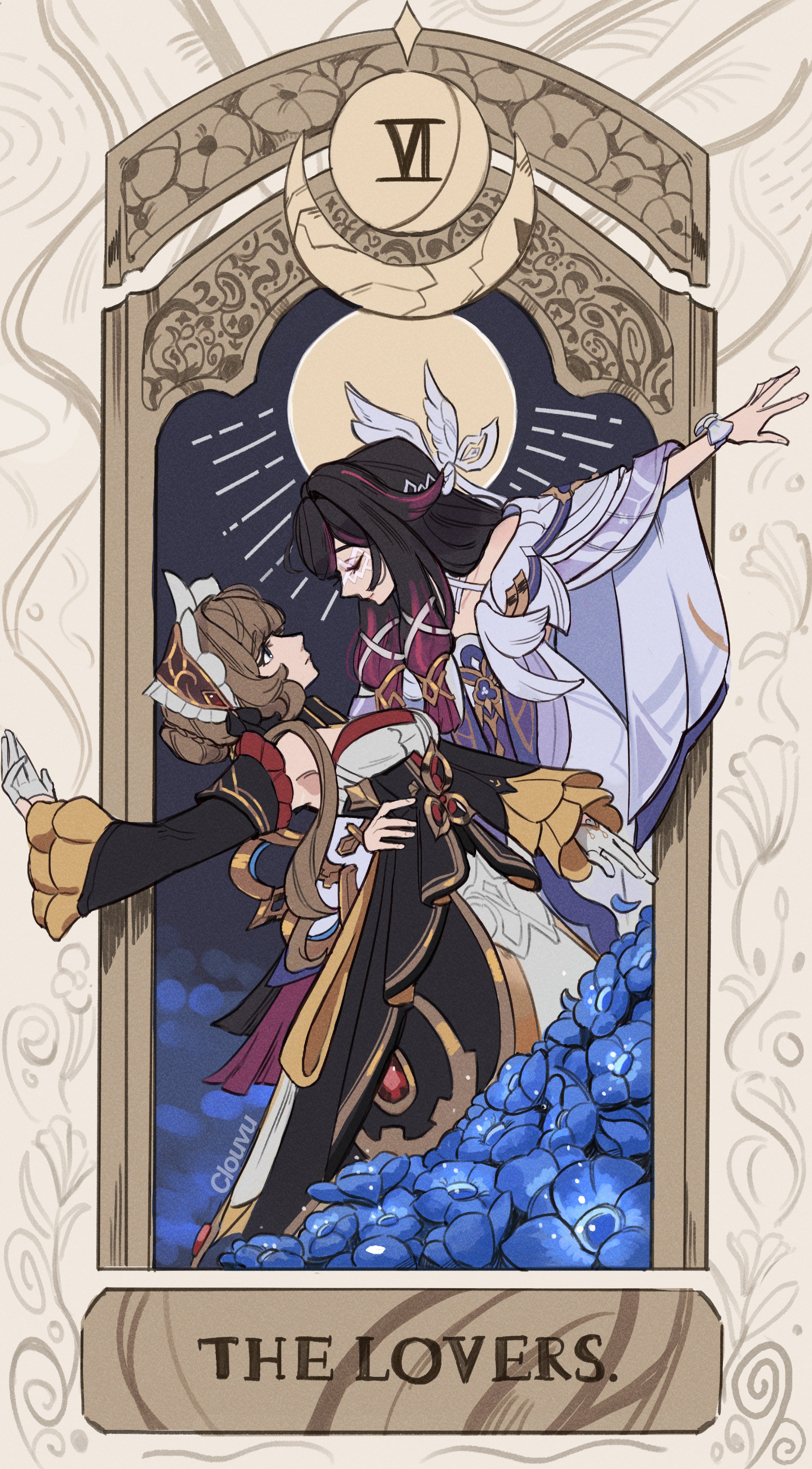 clouvu, columbina (genshin impact), sandrone (genshin impact), genshin impact, absurdres, commentary, english commentary, highres, 2girls, black dress, black hair, blue flower, brown hair, card (medium), closed eyes, closed mouth, detached sleeves, dip (dance move), dress, flower, gloves, hair bun, hand on another's waist, headdress, moon, multicolored hair, multiple girls, purple dress, purple hair, streaked hair, tarot, tarot (medium), the lovers (tarot), white gloves, yuri