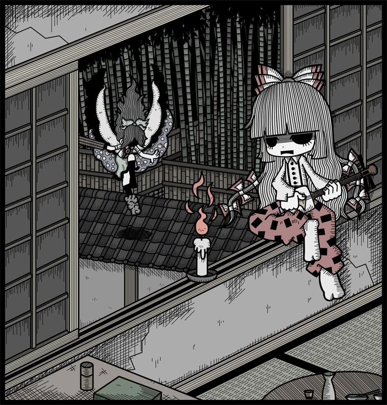 genkidaun, fujiwara no mokou, reiuji utsuho, touhou, 2girls, bamboo, bamboo forest, candle, cape, female focus, fire, forest, instrument, multiple girls, nature, no eyes, shaded face, shamisen, space, wings