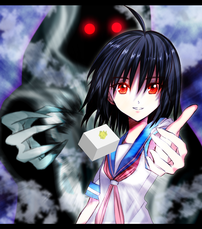 shichouson, ugumori sachi, surumeika, 1girl, ahoge, black hair, female focus, letterboxed, outstretched arm, outstretched hand, reaching, red eyes, school uniform, serafuku, short hair, solo