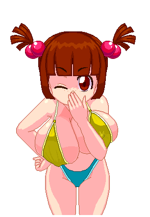 original, animated, animated gif, highres, 1girl, bikini, blowing kiss, bouncing breasts, breasts, brown hair, cleavage, closed eyes, covered erect nipples, denim, denim shorts, grin, hand on own hip, hanging breasts, happy, heart, huge breasts, jiggle, leaning forward, legs, looking at viewer, midriff, navel, one eye closed, oppai loli, pink lips, pixel art, puckered lips, shorts, sideboob, smile, solo, swimsuit, tank top, teeth, thighs, twintails, wink, yellow bikini