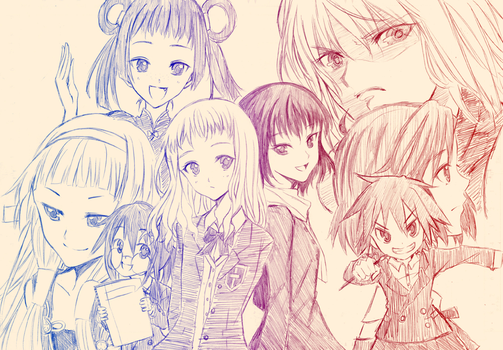 shichouson, aoba tsugumi, canaan (character), makita hime, nagi, oumi ayumi, sawashiro miyuki, tomatsu haruka, tomokane, yamaguchi kisaragi, yunyun (canaan), 428, 428: fuusa sareta shibuya de, canaan (series), chunsoft, ga geijutsuka art design class, kannagi, sora no manimani, graphite (medium), mixed media, traditional media, 00s, 6+girls, female focus, monochrome, multiple girls, school uniform, simple background, sketch, voice actor connection