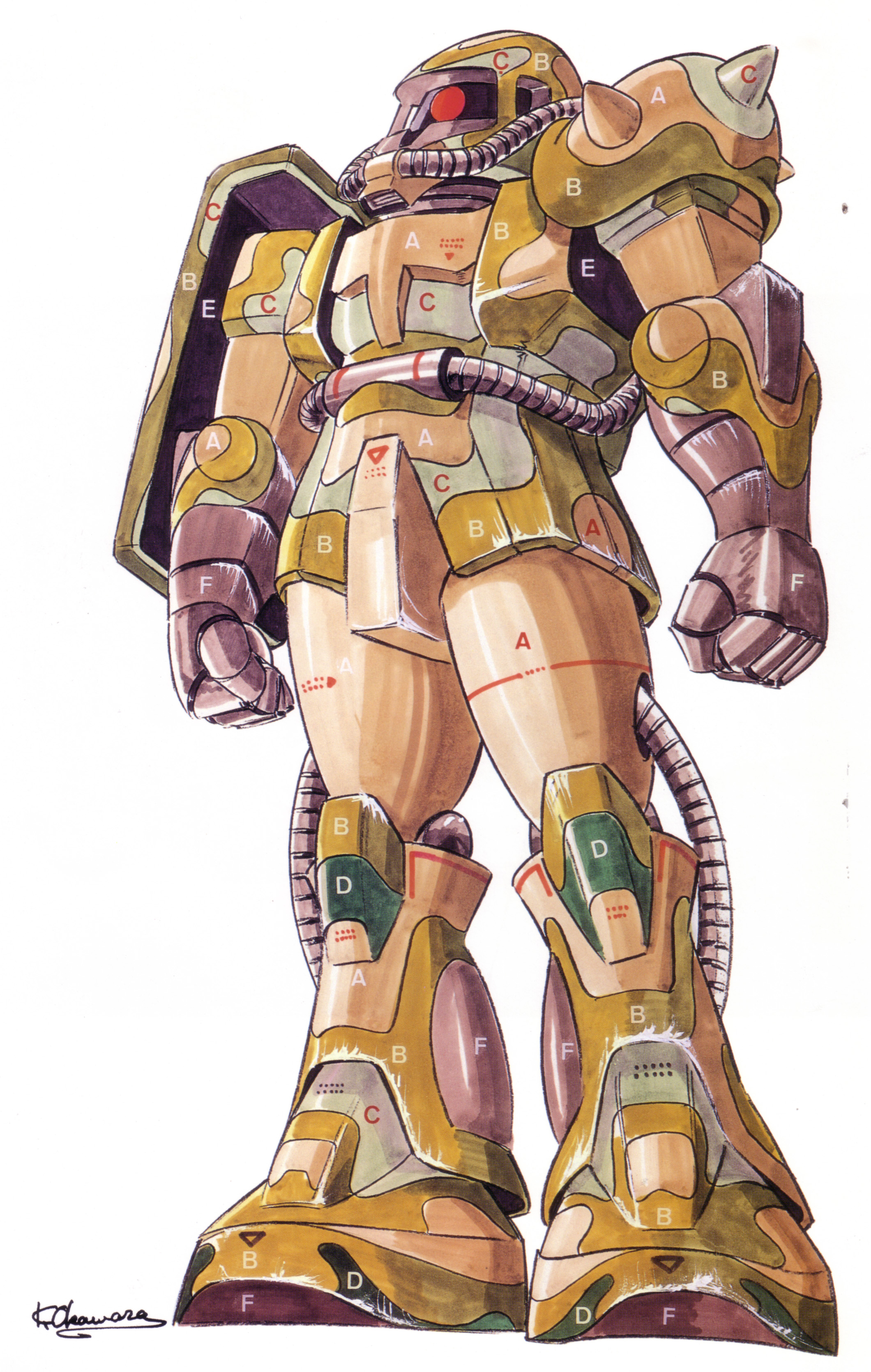 ookawara kunio, zaku ii, gundam, mobile suit gundam, 1980s (style), absurdres, highres, scan, traditional media, 1970s (style), cable, camouflage, color variation, machinery, mecha, mecha focus, mobile suit, oldschool, one-eyed, production art, prototype design, red eyes, retro artstyle, robot, science fiction, shield, shoulder spikes, signature, solo, spikes, white background, zeon