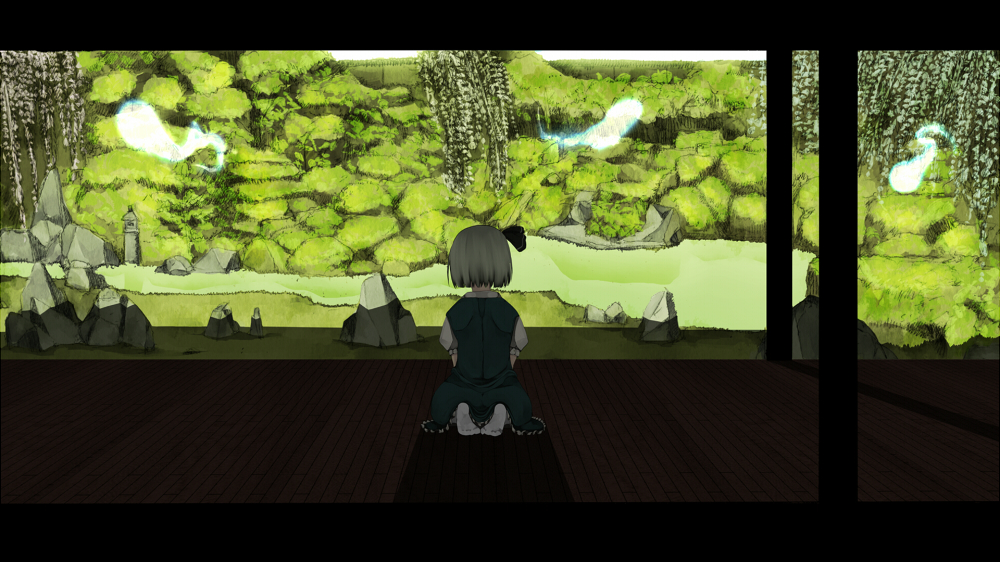 tokoroten (hmmuk), konpaku youmu, touhou, silver hair, bad id, bad pixiv id, 1girl, back, bob cut, female focus, garden, ghost, glowing, hairband, hitodama, kneeling, landscape, letterboxed, nature, rock garden, seiza, short hair, sitting, socks, solo, white socks, wide shot, wooden floor