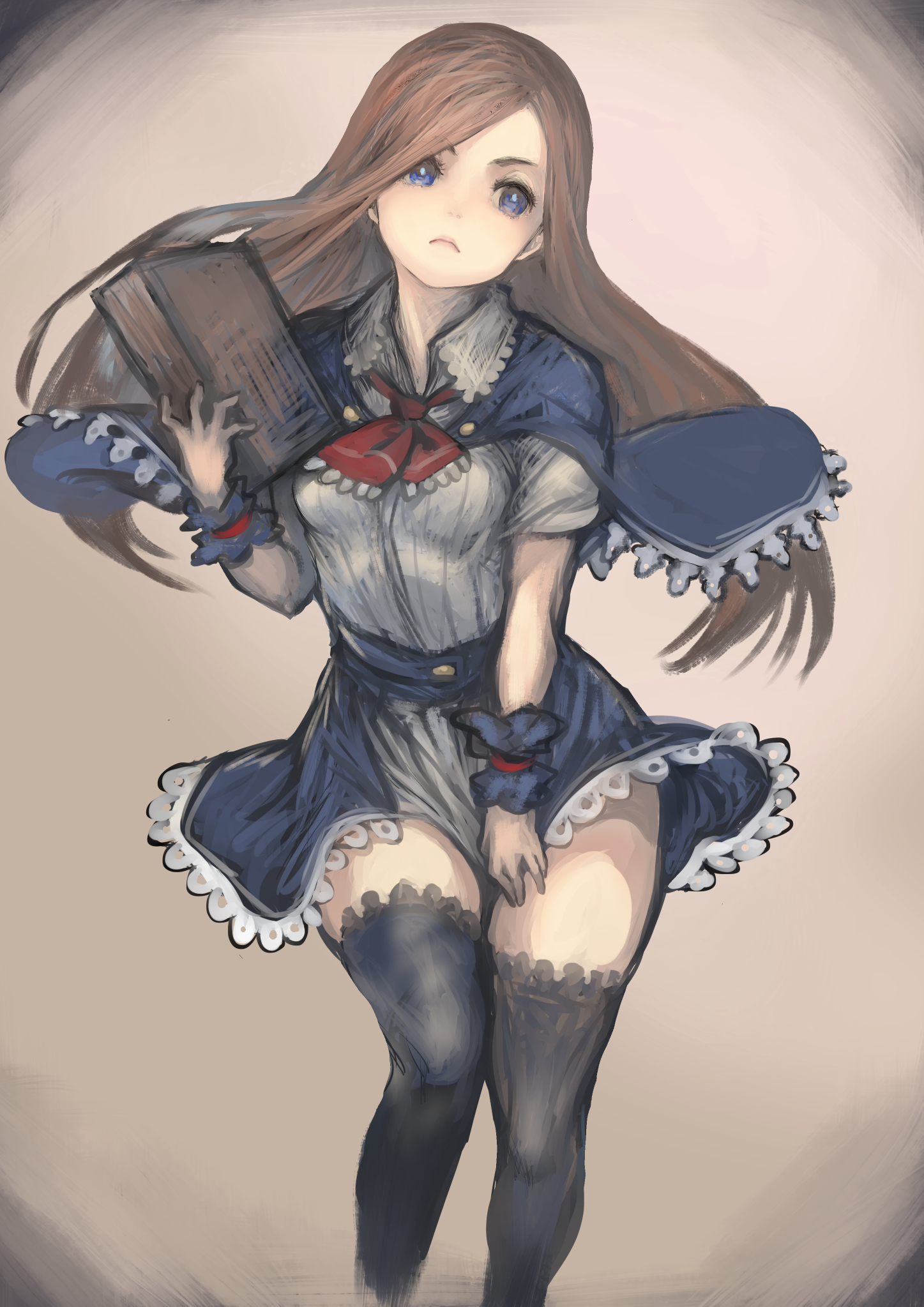 johan (johan13), charlotte aulin, castlevania: portrait of ruin, castlevania (series), highres, 1girl, ascot, blue capelet, blue eyes, blue thighhighs, book, brown hair, capelet, holding, holding book, long hair, red ascot, shirt, skirt, thighhighs, white shirt, zettai ryouiki