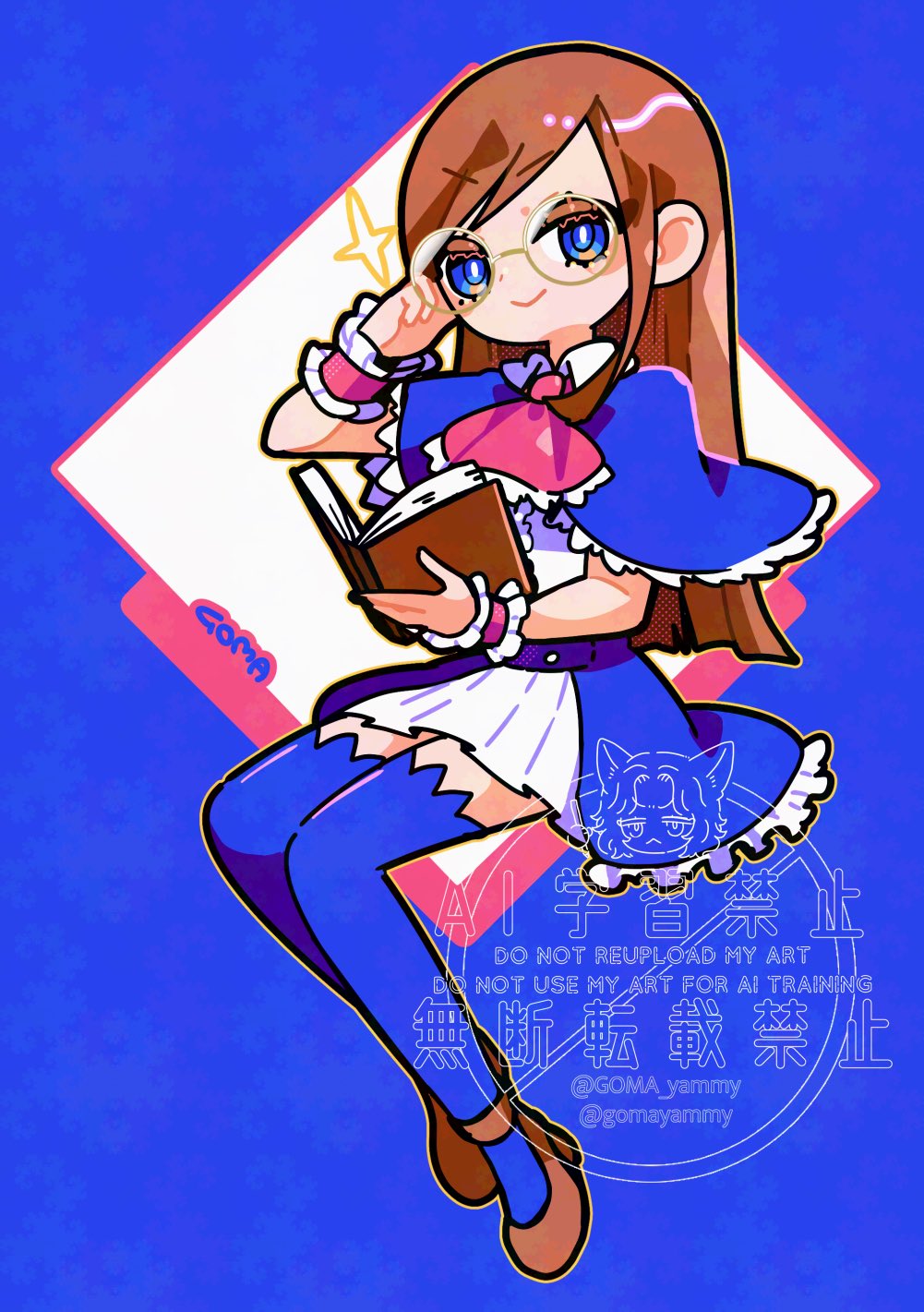 goma yammy, charlotte aulin, castlevania: portrait of ruin, castlevania (series), highres, 1girl, ascot, blue background, blue capelet, blue eyes, blue thighhighs, brown hair, capelet, glasses, long hair, red ascot, smile, sparkle, thighhighs, watermark