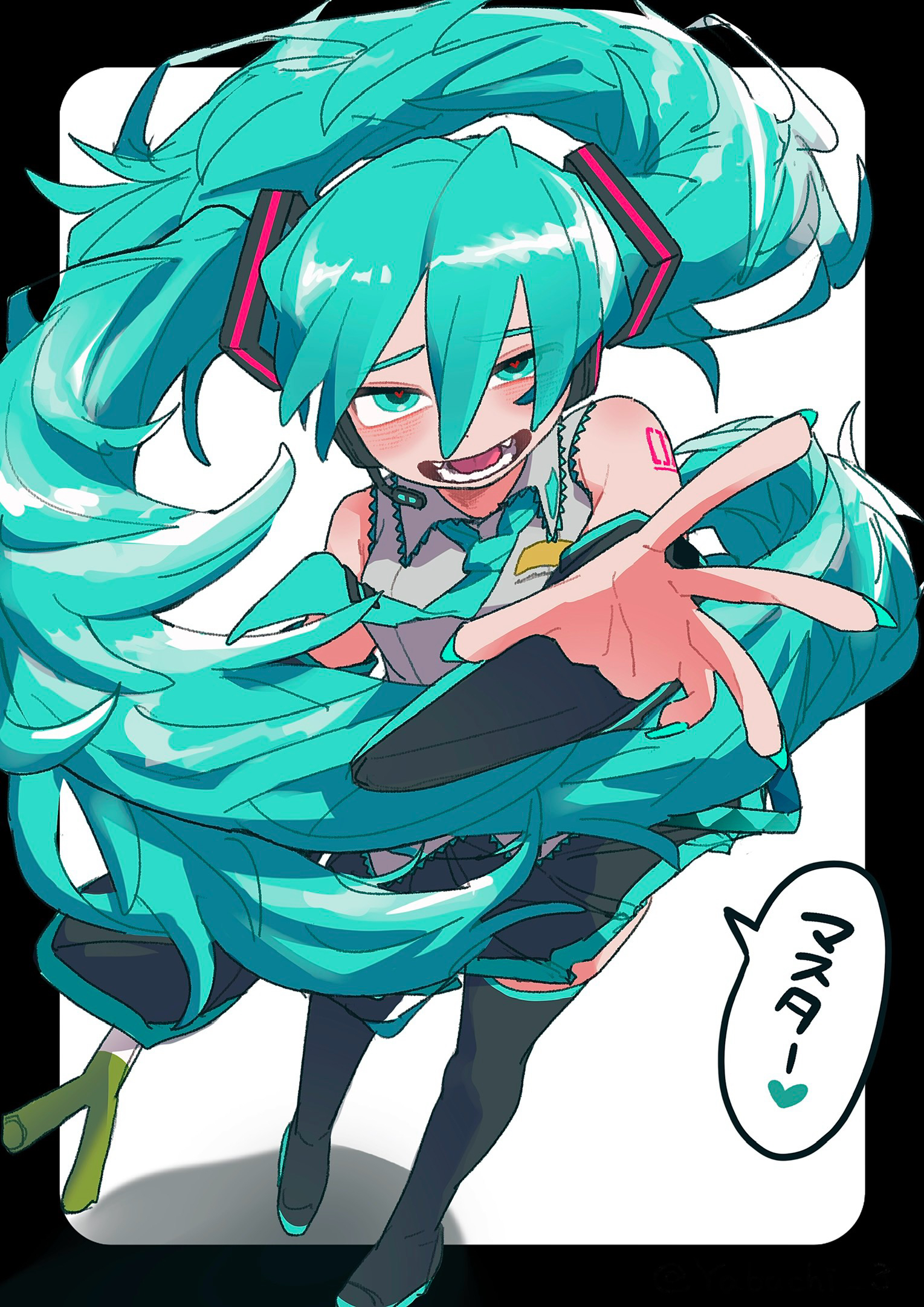 tadeno, hatsune miku, vocaloid, commentary, highres, making-of available, translated, 1girl, aqua eyes, aqua hair, aqua necktie, bare shoulders, black boots, black sleeves, boots, collared shirt, detached sleeves, food, grey shirt, hair between eyes, holding, holding food, holding spring onion, holding vegetable, long hair, looking at viewer, necktie, open mouth, reaching, reaching towards viewer, red pupils, shirt, smile, solo, speech bubble, spring onion, teeth, thigh boots, tongue, vegetable, very long hair