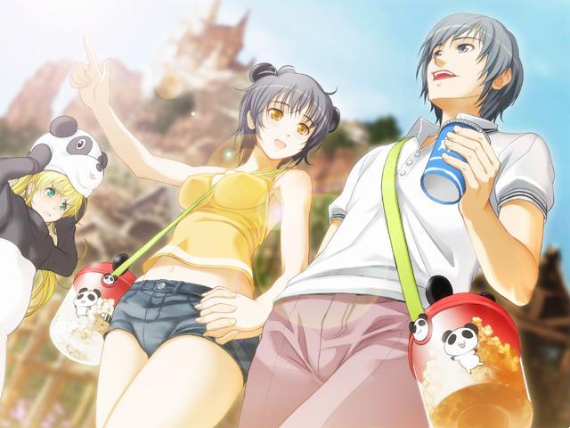 cal devens, ein (phantom of inferno), zwei (phantom of inferno), nitroplus, light, 1boy, 2girls, amusement park, casual, dating, disguise, multiple girls, panda, sun
