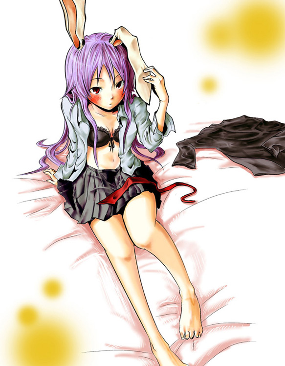 kyouno, reisen udongein inaba, touhou, clothes, bad id, bad pixiv id, 1girl, animal ears, barefoot, bed, blush, bra, feet, female focus, front-tie top, hand on own ear, lace, lace-trimmed bra, lace trim, lingerie, long hair, miniskirt, navel, necktie, open clothes, open shirt, purple hair, rabbit ears, reclining, red eyes, shirt, skirt, solo, underwear, undressing