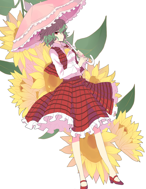 kurot, kazami yuuka, touhou, 1girl, ascot, female focus, flower, green hair, plaid clothes, plaid skirt, plaid vest, red eyes, shade, short hair, skirt, skirt set, solo, sunflower, umbrella, vest, white background