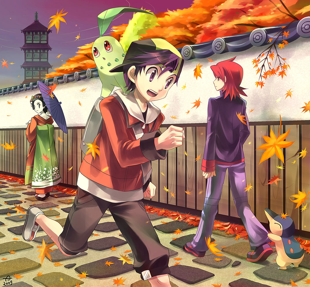 tomone, chikorita, cyndaquil, ethan (pokemon), kimono girl (pokemon), silver (pokemon), nintendo, pokemon, pokemon hgss, wall, 00s, 1girl, 2009, 2boys, autumn, autumn leaves, baseball cap, black hair, blue eyes, geisha, gen 2 pokemon, hat, japanese clothes, kimono, leaf, maple leaf, multiple boys, npc trainer, oil-paper umbrella, outdoors, pokemon (creature), red hair, running, tower, tree, umbrella