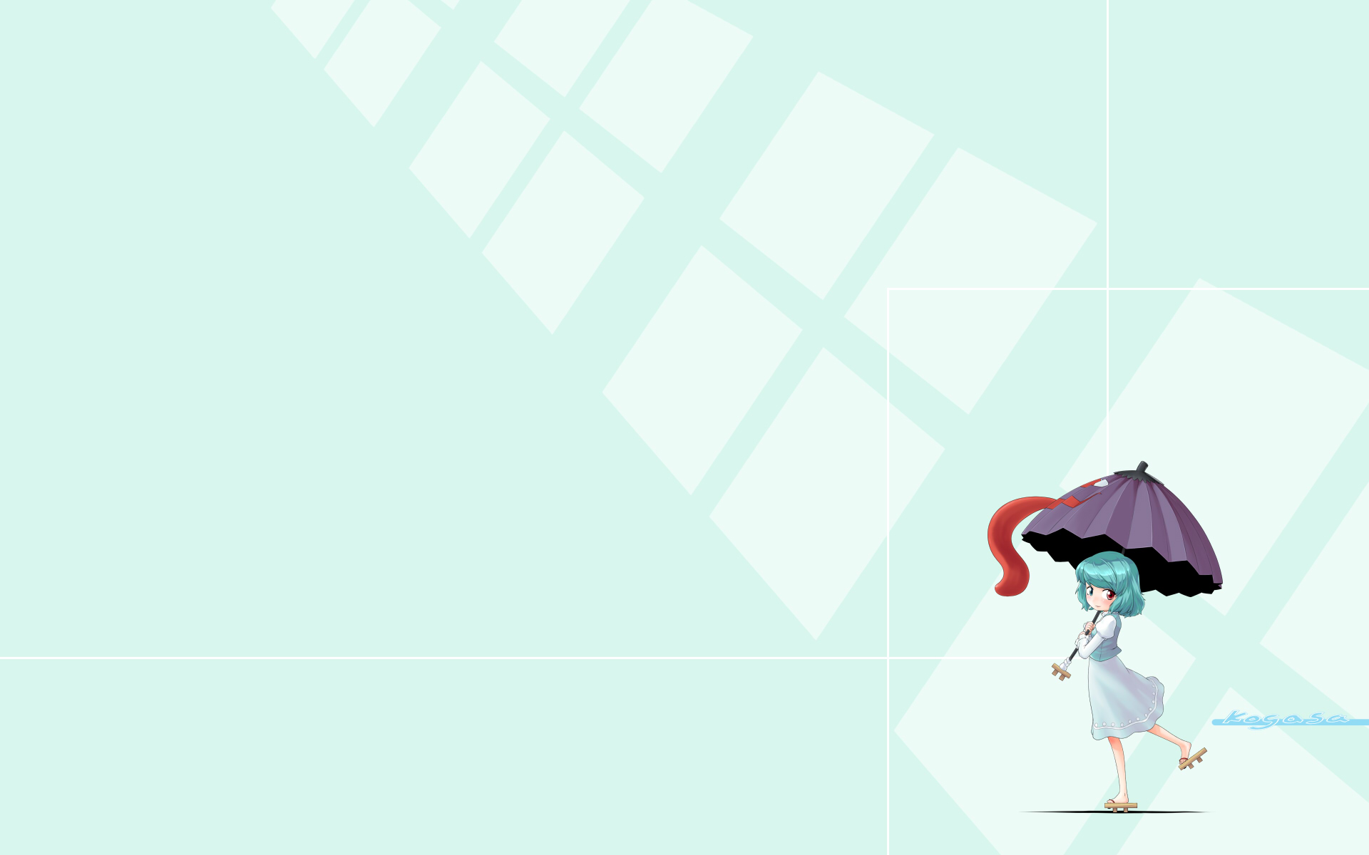 captain freedom, tatara kogasa, touhou, highres, 1girl, character name, female focus, geta, green eyes, green hair, heterochromia, karakasa obake, parasol, red eyes, short hair, solo, standing, tongue, umbrella