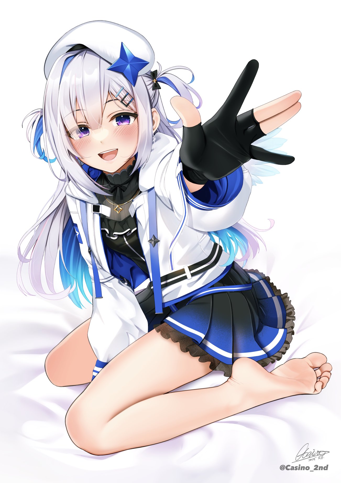 casino (casinoep), amane kanata, amane kanata (work), hololive, commentary request, highres, 1girl, :d, arm between legs, asymmetrical bangs, barefoot, bed sheet, beret, black gloves, blue hair, blue skirt, breasts, colored inner hair, eyes visible through hair, feet, foreshortening, full body, gloves, grey hair, hair between eyes, hair ornament, hair over one eye, hairclip, hat, jacket, kneeling, legs, long hair, long sleeves, looking at viewer, medium breasts, multicolored hair, official alternate costume, official alternate hair length, official alternate hairstyle, open clothes, open jacket, open mouth, outstretched arm, partially fingerless gloves, purple eyes, signature, simple background, single hair intake, sitting, skirt, smile, soles, solo, toes, two-tone hair, two side up, virtual youtuber, wariza, white background, white hat, white jacket