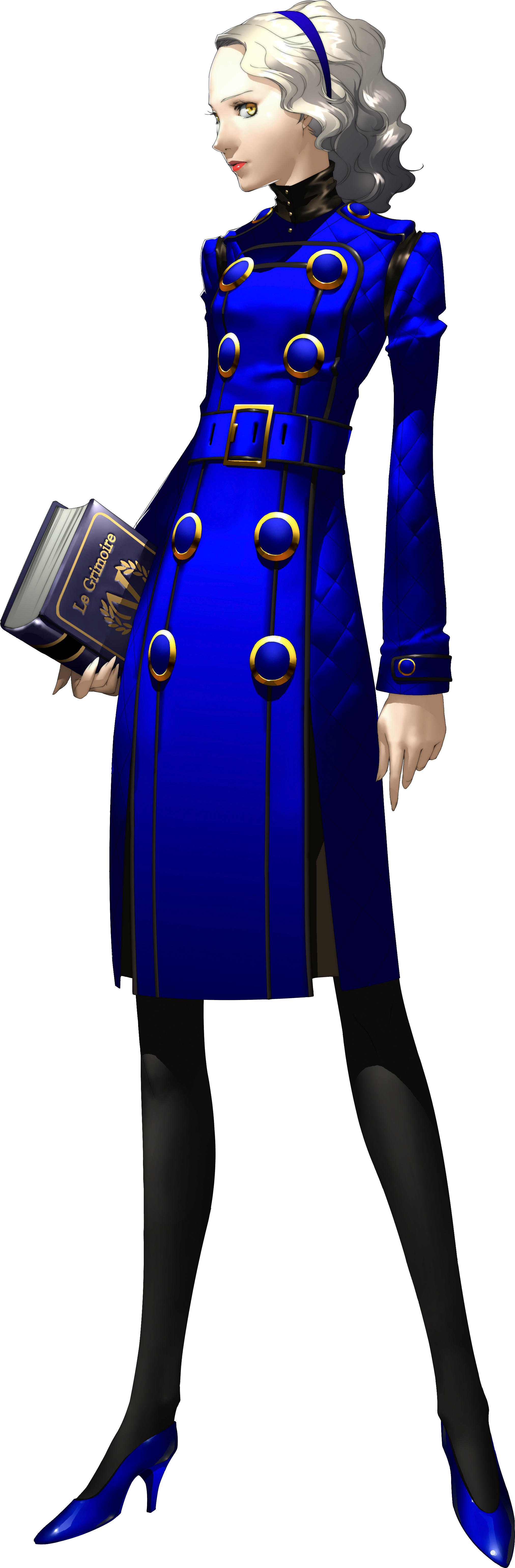 soejima shigenori, margaret (persona), persona, persona 4, absurdres, highres, official art, photoshop (medium), third-party source, 1girl, black pantyhose, book, dress, full body, grey hair, hairband, high heels, holding, holding book, lipstick, long hair, makeup, pantyhose, red lips, shoes, simple background, solo, standing, transparent background, wavy hair, yellow eyes