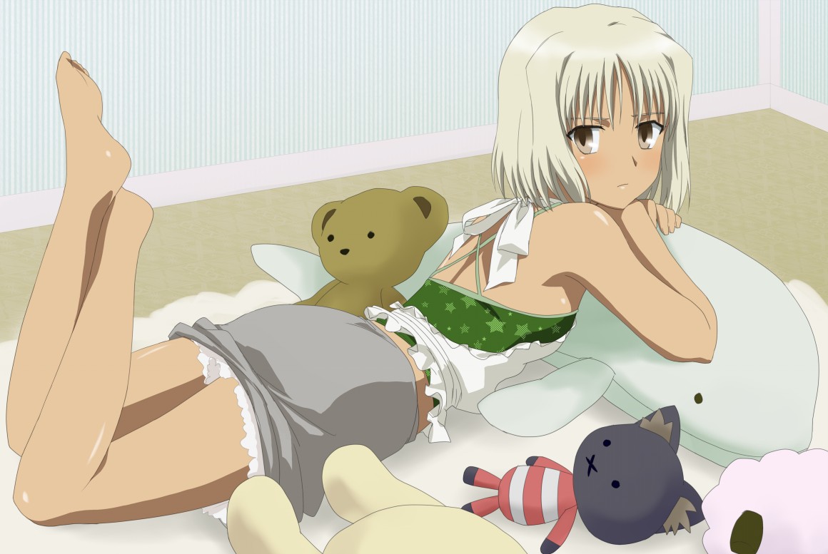 komatsu (sakanae), canaan (character), 428, 428: fuusa sareta shibuya de, canaan (series), chunsoft, 1girl, barefoot, blonde hair, blush, brown eyes, dark-skinned female, dark skin, feet, female focus, head rest, lying, on stomach, skirt, solo, stuffed animal, stuffed toy, teddy bear