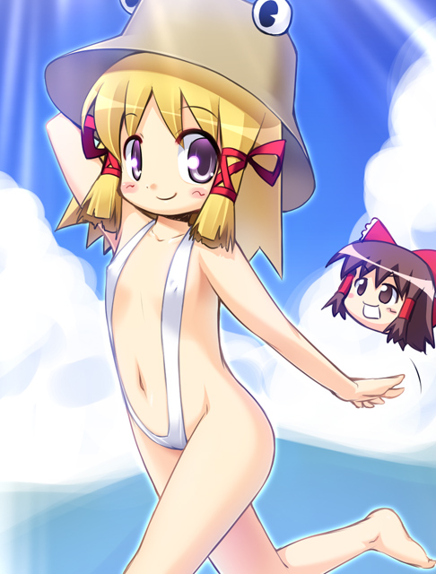 kanno, hakurei reimu, moriya suwako, pyonta, touhou, 1girl, blonde hair, blush, female focus, flat chest, hair ribbon, hat, light rays, loli, purple eyes, ribbon, slingshot swimsuit, smile, solo, sunbeam, sunlight, swimsuit, yukkuri shiteitte ne