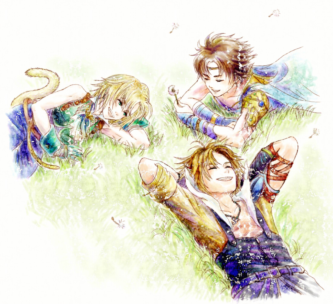cocura, bartz klauser, tidus, zidane tribal, dissidia final fantasy, final fantasy, final fantasy ix, final fantasy v, final fantasy x, bad id, bad pixiv id, 00s, 1990s (style), 3boys, blonde hair, brown hair, cape, circle formation, closed eyes, dandelion, flower, grass, green eyes, in-franchise crossover, male focus, multiple boys, retro artstyle, smile, tail