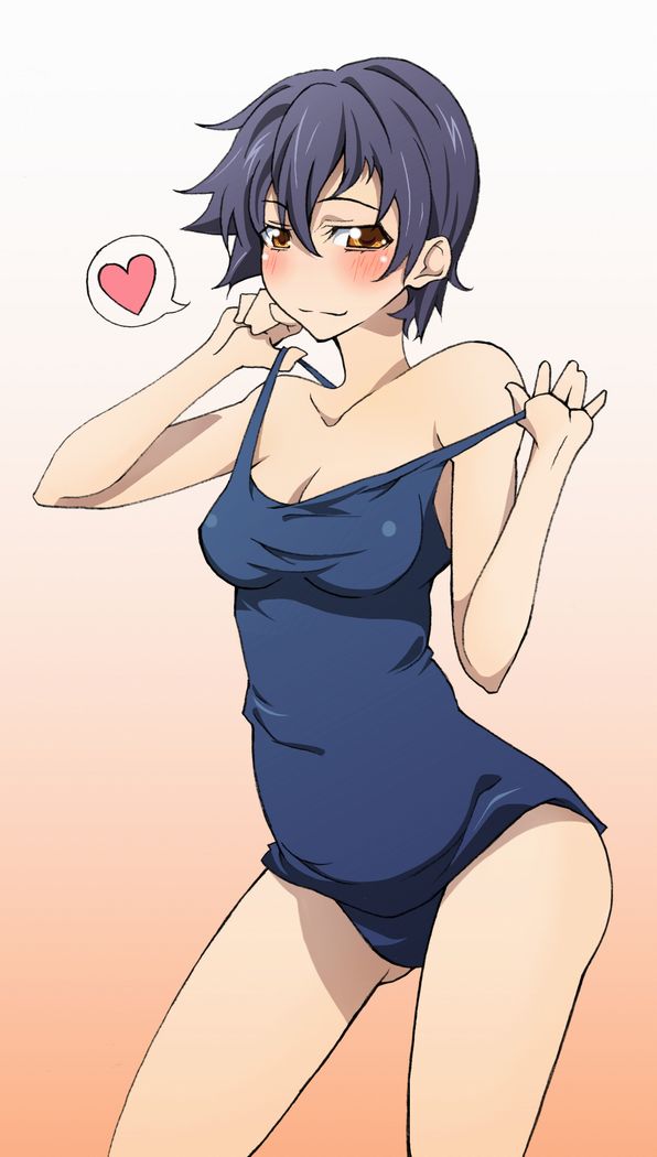 touryou, kanbaru suruga, bakemonogatari, monogatari (series), 00s, 1girl, blush, breasts, clothes pull, female focus, gradient background, heart, one-piece swimsuit, one-piece swimsuit pull, school swimsuit, short hair, solo, standing, strap pull, swimsuit