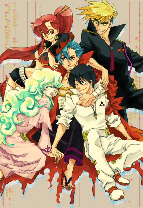 hoshino hitsuki, kamina (ttgl), kittan bachika, nia teppelin, simon (ttgl), yoko littner, tengen toppa gurren lagann, 00s, 2girls, 3boys, bikini, bikini top only, blonde hair, blue hair, breasts, cape, cleavage, dress, multicolored hair, multiple boys, multiple girls, pink dress, ponytail, red hair, swimsuit, two-tone hair