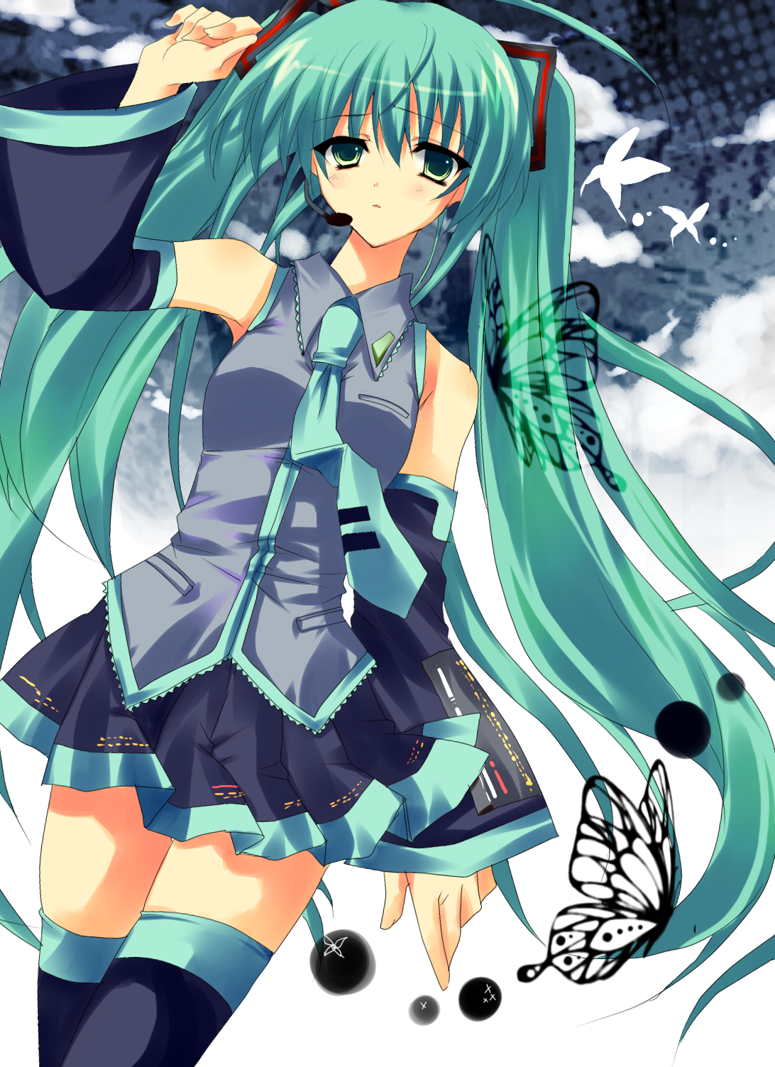 matsumiya kiseri, hatsune miku, vocaloid, bad id, bad pixiv id, highres, bug, butterfly, detached sleeves, green eyes, green hair, insect, long hair, necktie, solo, thighhighs, twintails, very long hair, zettai ryouiki