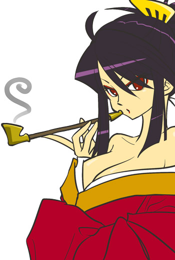kurowasagi, original, 1girl, bare shoulders, breasts, cleavage, female focus, hair ornament, japanese clothes, kimono, kiseru, large breasts, purple hair, red eyes, smoking, smoking pipe, solo, yuujo