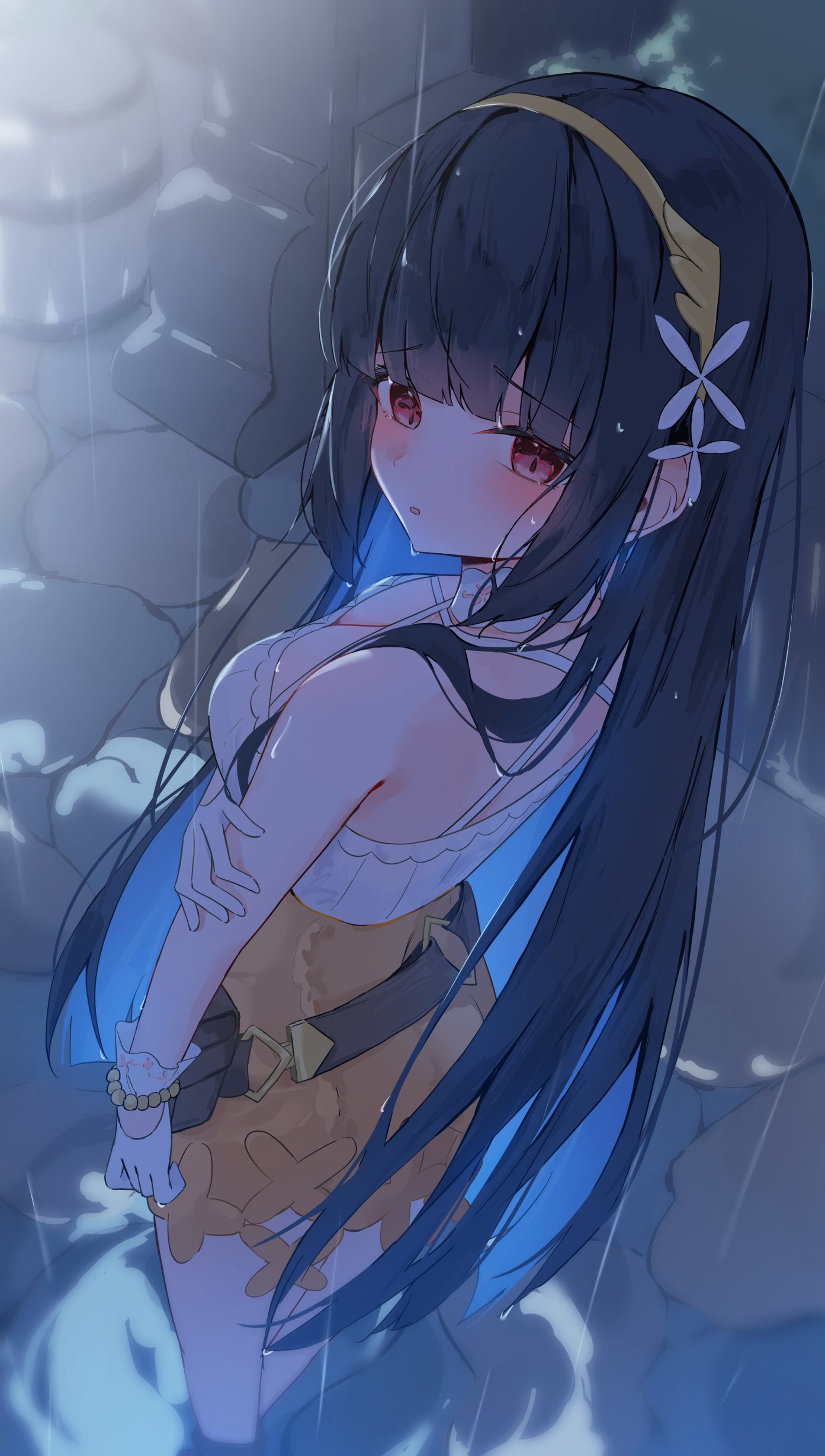 chisei259, nazuka (stella sora), stella sora, absurdres, highres, 1girl, black hair, blue shrug, blunt bangs, blush, bracelet, breasts, colored inner hair, dress, extra pupils, gloves, hairband, jewelry, long hair, looking at viewer, looking to the side, medium breasts, multicolored hair, open mouth, orange dress, rain, red eyes, short dress, shrug (clothing), sleeveless, solo, standing, very long hair, water drop, white gloves