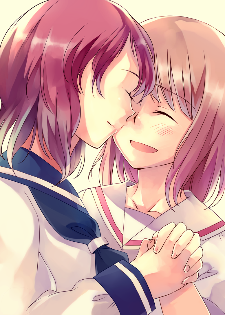 kimino tomonari, fukuji mihoko, takei hisa, saki (manga), 00s, 2girls, blush, brown hair, closed eyes, happy, holding hands, multiple girls, red hair, school uniform, serafuku, short hair, smile, yuri