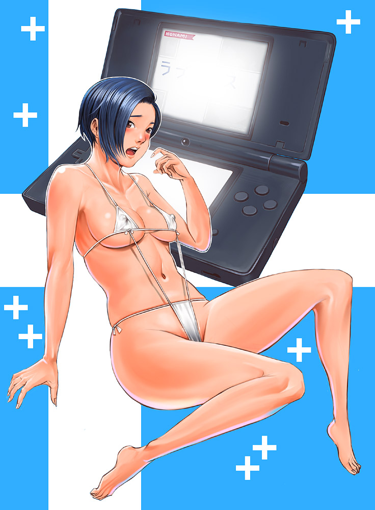 makapon, kobayakawa rinko, love plus, nintendo, bad id, bad pixiv id, 1girl, barefoot, bikini, blue hair, blush, bob cut, breasts, brown eyes, covered erect nipples, female focus, handheld game console, large breasts, nintendo ds, short hair, slingshot swimsuit, solo, string bikini, swimsuit