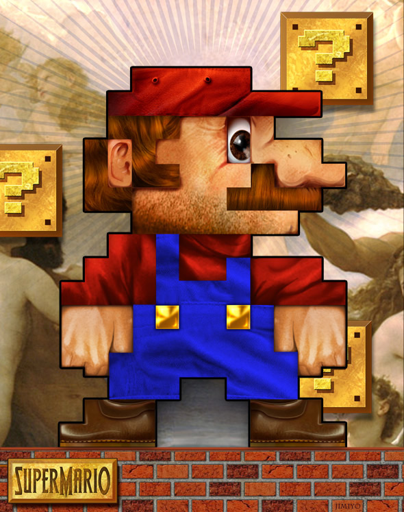 jimi benedict, mario, mario (series), nintendo, super mario bros. 1, 6+boys, ? block, arms at sides, beard stubble, blouse, blue overalls, brick, facial hair, hat, legs apart, male focus, multiple boys, mustache, overalls, pixel art, realistic, red hat, red shirt, shirt, solo focus, standing, stubble
