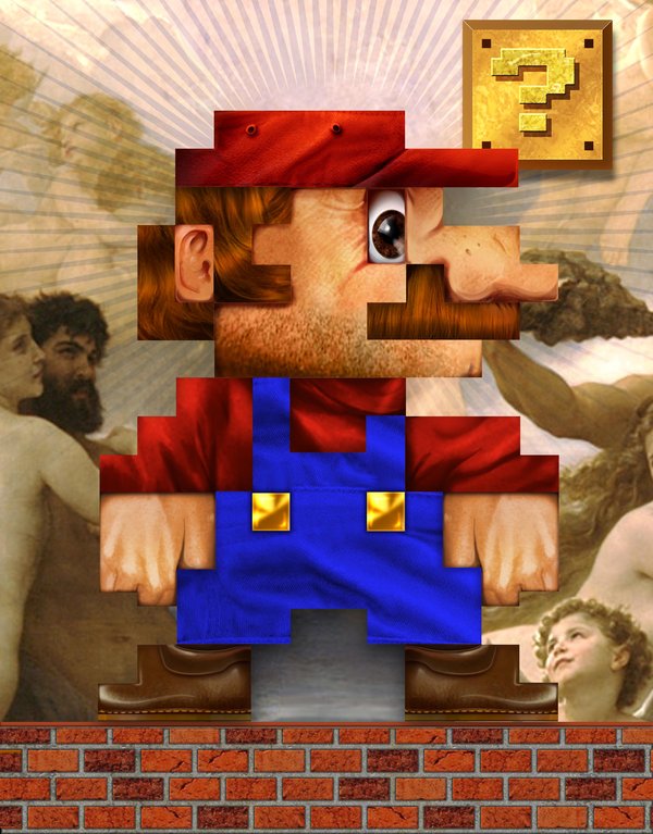 jimi benedict, mario, mario (series), nintendo, super mario bros. 1, 6+boys, ? block, arms at sides, beard stubble, blouse, blue overalls, brick, brown hair, facial hair, fine art parody, hat, legs apart, male focus, multiple boys, mustache, overalls, parody, realistic, red hat, red shirt, shirt, solo focus, standing, stubble