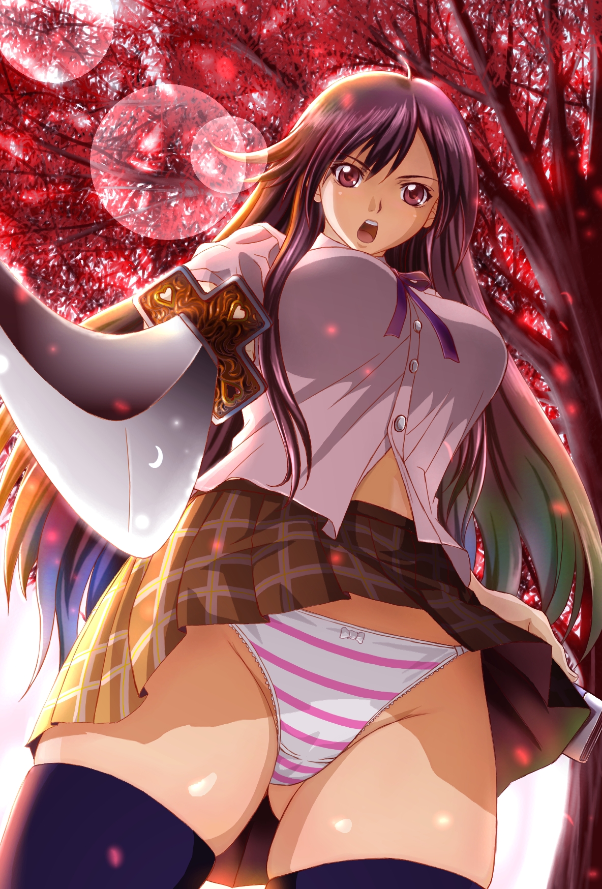 switch01, original, highres, 1girl, black hair, black thighhighs, blouse, bow, bow panties, breasts, cherry blossoms, female focus, foreshortening, from below, katana, lace, lace-trimmed panties, lace trim, large breasts, lens flare, long hair, panties, pantyshot, plaid clothes, plaid skirt, pleated skirt, purple panties, red eyes, ribbon, school uniform, shirt, skirt, solo, standing, striped clothes, striped panties, sword, thighhighs, tree, underwear, upskirt, weapon, wind, wind lift
