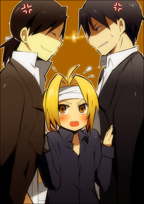 kl (dgzonbi), edward elric, ling yao, roy mustang, fullmetal alchemist, 00s, 3boys, blonde hair, blush, male focus, multiple boys