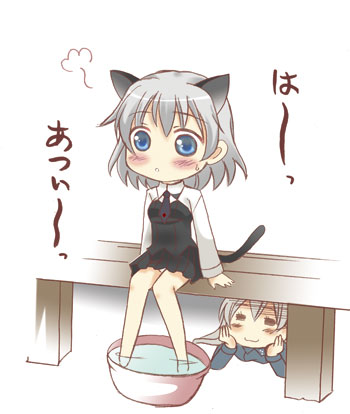 abenattou, eila ilmatar juutilainen, sanya v. litvyak, strike witches, world witches series, silver hair, bad id, bad pixiv id, lowres, translated, 00s, 2girls, = =, animal ears, blue eyes, blush, closed eyes, multiple girls, short hair, tail