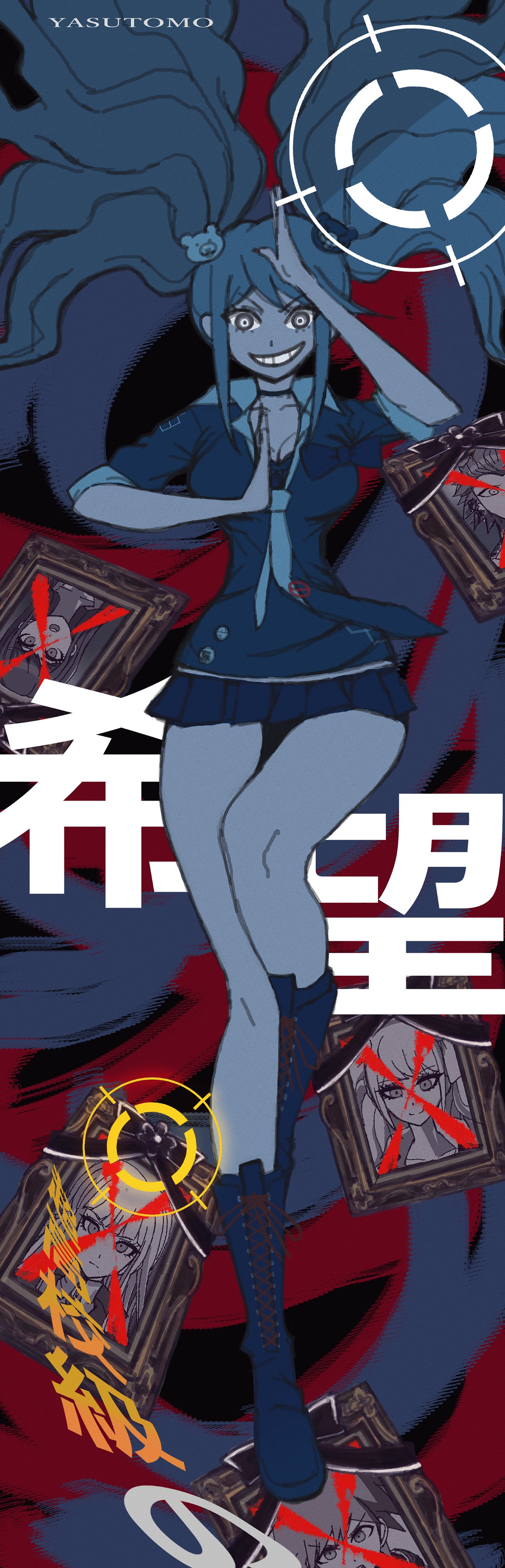 yasutomo! (akuasky), enoshima junko, ikusaba mukuro, kirigiri kyoko, kuwata leon, maizono sayaka, naegi makoto, danganronpa (series), absurdres, commentary request, highres, 1girl, artist name, bear hair ornament, boots, bow, breasts, choker, cleavage, collarbone, collared shirt, eyelashes, fingernails, floating hair, full body, grin, hair ornament, hand up, limited palette, long hair, miniskirt, necktie, photo (object), picture frame, shirt, short sleeves, skirt, smile, solo, teeth, twintails, v-shaped eyebrows