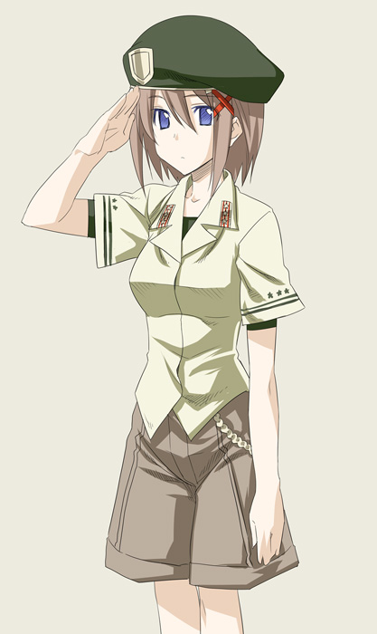 himura kiseki, yagami hayate, lyrical nanoha, mahou shoujo lyrical nanoha, mahou shoujo lyrical nanoha a's, mahou shoujo lyrical nanoha strikers, 00s, 1girl, beret, blue eyes, brown hair, female focus, hair ornament, hat, salute, short hair, solo, x hair ornament