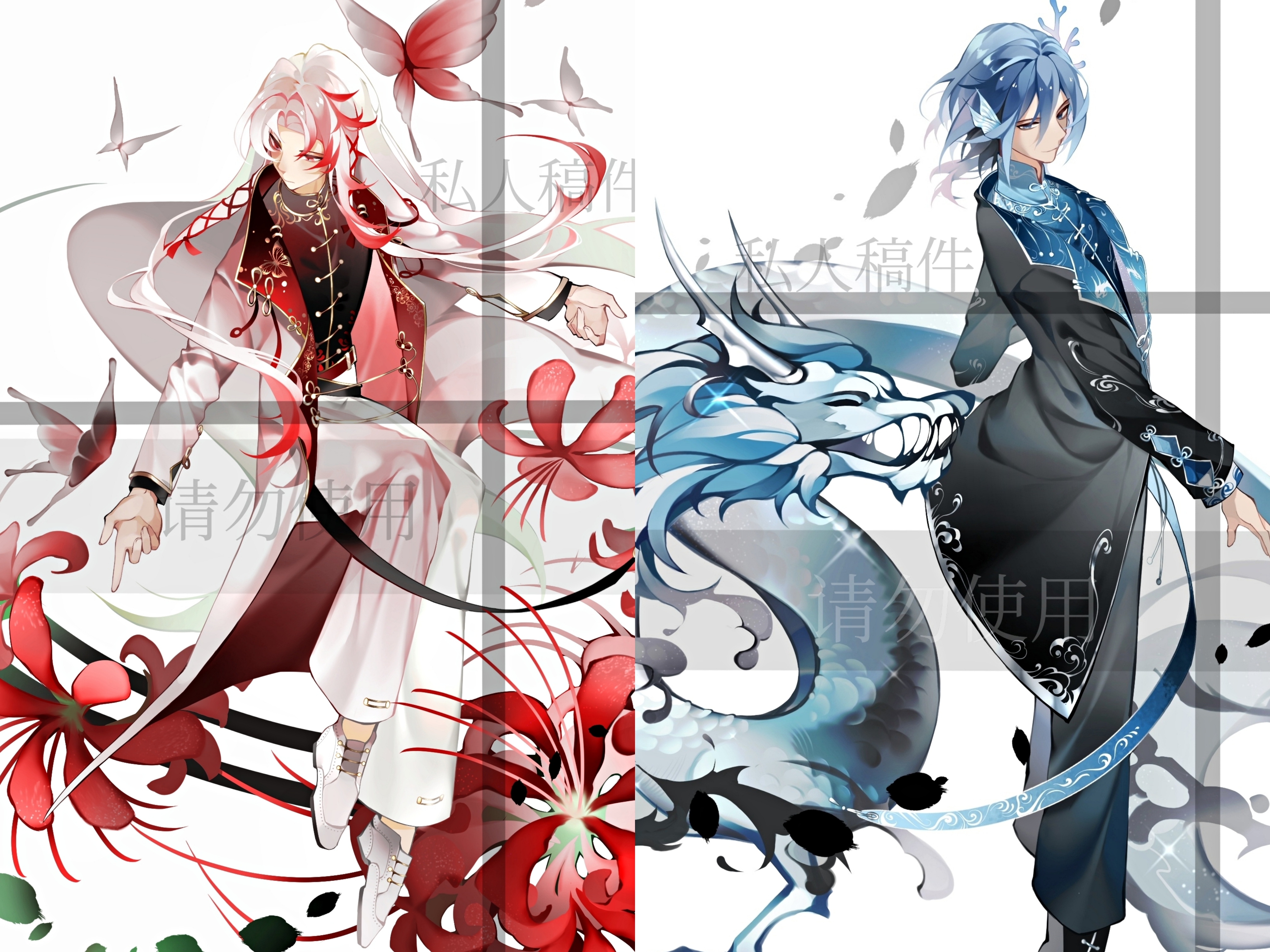 wangulongdong, meng po tea (the tale of food), shunde raw fish (the tale of food), the tale of food, absurdres, chinese commentary, commentary request, commission, highres, 2boys, alternate costume, alternate eye color, black boots, black coat, black pants, black shirt, blue eyes, blue hair, blue shirt, boots, bug, butterfly, chinese clothes, closed mouth, coat, contrast lapels, coral hair ornament, curtained hair, dragon, dress shoes, eastern dragon, expressionless, feet out of frame, fins, flower, from side, full body, gold trim, hair between eyes, hair ornament, hair ribbon, head fins, ink, insect, lapels, leaf, long hair, long sleeves, looking at animal, looking to the side, male focus, medium hair, multicolored hair, multiple boys, notched lapels, open clothes, open coat, oxfords, pants, parted bangs, red butterfly, red eyes, red flower, red hair, red ribbon, ribbon, shirt, shoes, sideways glance, simple background, smile, spider lily, split screen, standing, streaked hair, tangzhuang, tress ribbon, watermark, white background, white coat, white hair, white pants, white shoes