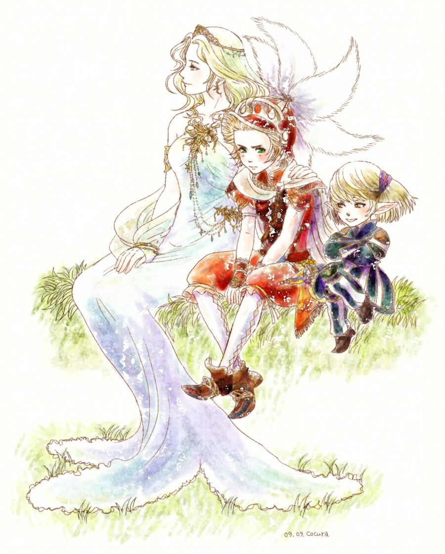 cocura, cosmos (dff), onion knight, shantotto, dissidia final fantasy, final fantasy, final fantasy iii, final fantasy xi, bad id, bad pixiv id, 00s, 1990s (style), 1boy, 2girls, armor, blonde hair, blush, brown eyes, cape, dress, green eyes, multiple girls, pointy ears, shy, smirk, tiara