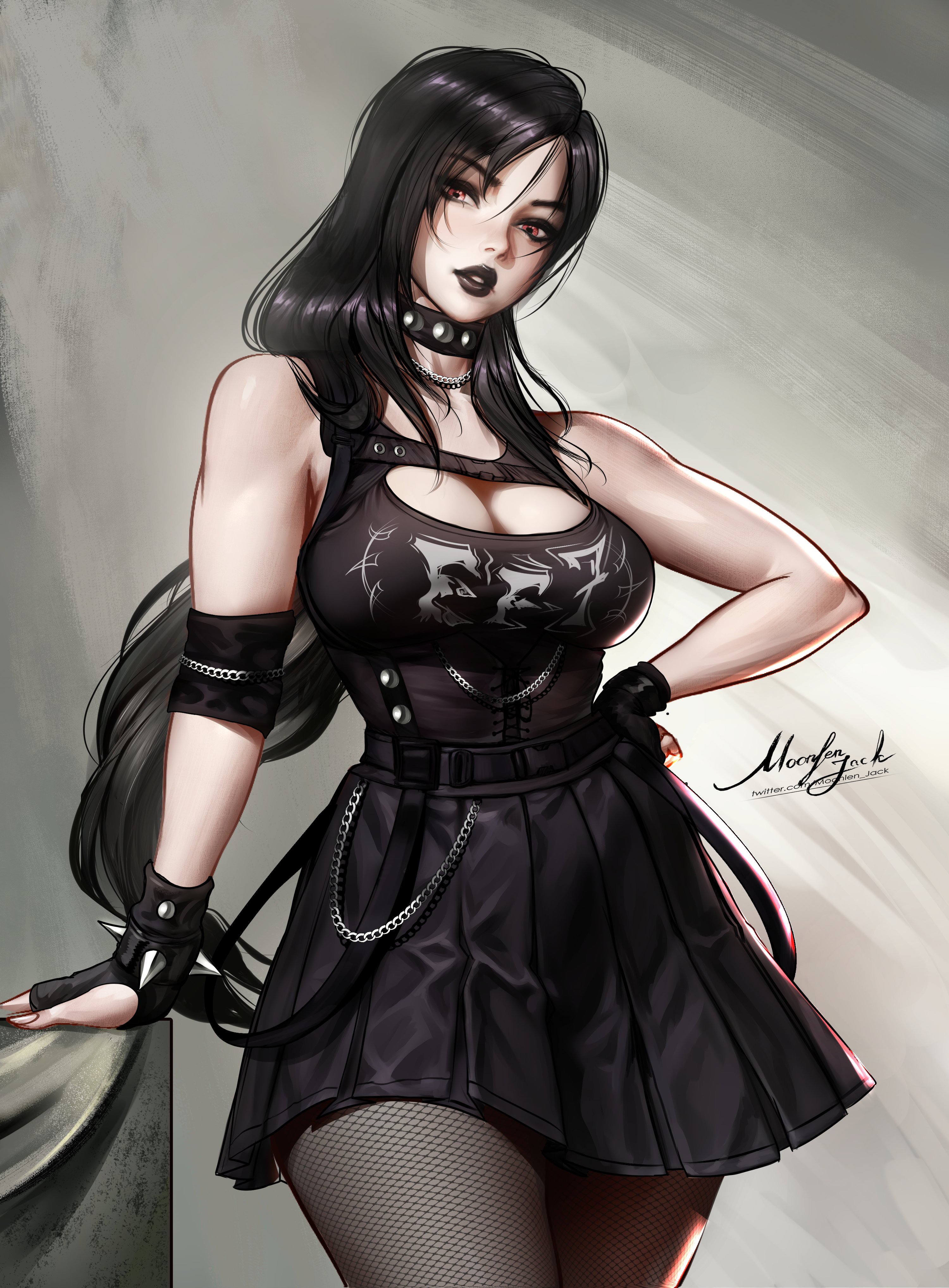 moonlen-jack, tifa lockhart, final fantasy, final fantasy vii, final fantasy vii remake, absurdres, commentary, highres, 1girl, alternate costume, arm support, artist name, bare shoulders, black choker, black gloves, black hair, black lips, black shirt, black skirt, black tank top, bracelet, breasts, chain, chain necklace, chest harness, choker, cleavage, cleavage cutout, clothing cutout, cowboy shot, fingerless gloves, fishnet pantyhose, fishnets, gloves, goth fashion, hair over shoulder, hand on own hip, harness, jewelry, large breasts, lips, long hair, looking at viewer, necklace, pantyhose, parted lips, pleated skirt, red eyes, shirt, signature, skirt, sleeveless, sleeveless shirt, solo, spiked bracelet, spikes, tank top, thighs, tight clothes, tight shirt, wallet chain