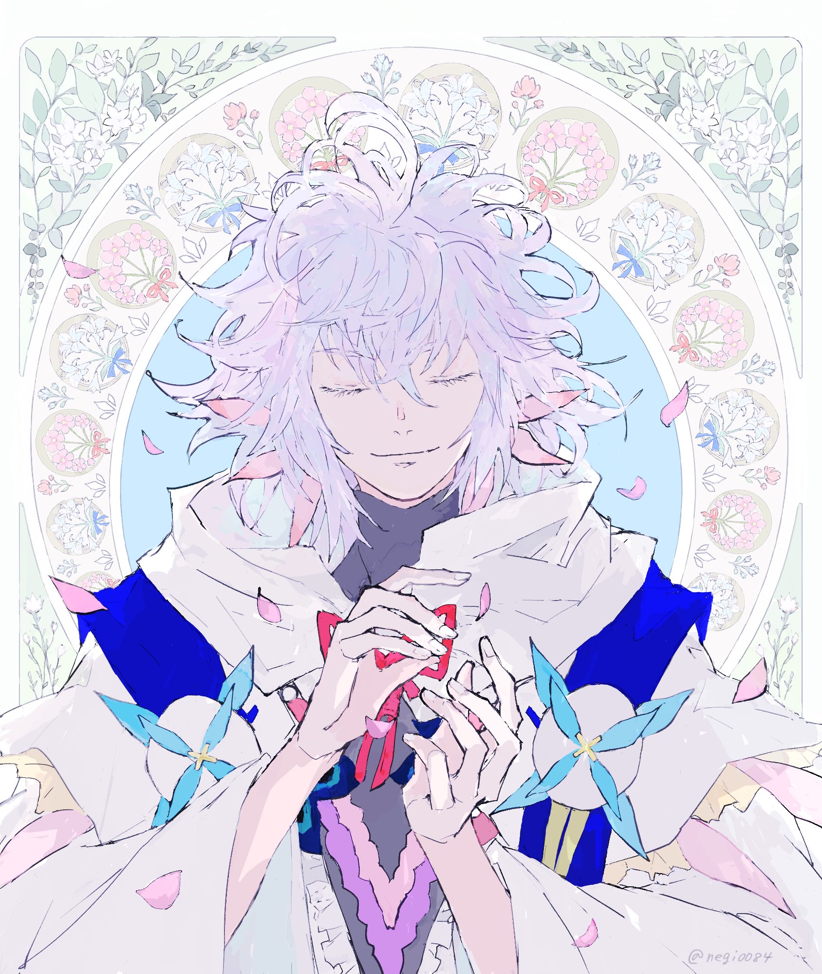 negi0084, merlin (fate), fate/grand order, fate (series), highres, 1boy, artist name, cloak, closed eyes, closed mouth, floral background, flower, hair flower, hair ornament, hands up, hood, hooded cloak, long sleeves, male focus, medium hair, petals, red ribbon, ribbon, solo, upper body, white hair, wide sleeves