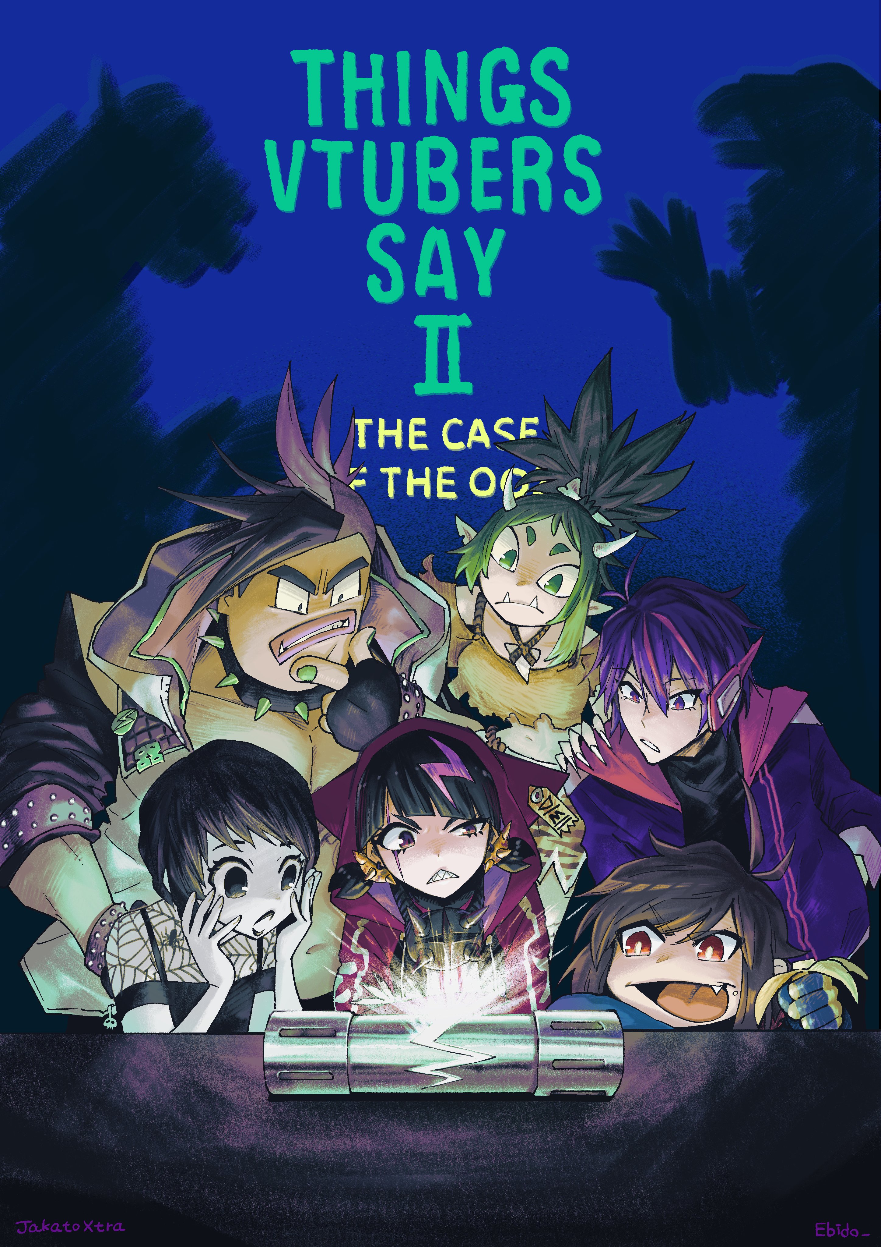 ebido, coqui saporana, falseeyed, meat (vtuber), pumpkin potion, indie virtual youtuber, rummy & coqui, teenage mutant ninja turtles, absurdres, artist request, check artist, commentary, commission, english commentary, highres, skeb commission, 3boys, 3girls, antenna hair, artist name, banana, black choker, black gloves, black hair, black lips, black shirt, blunt bangs, bone hair ornament, brown hair, brown shirt, canister, choker, closed mouth, colored skin, commissioner name, crack, crop top, english text, fang, fangs, fingerless gloves, fingernails, food, fruit, gloves, glowing, green eyes, green hair, green nails, hair ornament, hand in pocket, hand on own chin, hands on own face, headset, holding, holding food, holding fruit, hood, hood down, hooded jacket, horns, jacket, jakatoxtra, jewelry, krimbo (vtuber), lips, long hair, long sleeves, midriff, multicolored hair, multiple boys, multiple girls, nail polish, navel, necklace, open clothes, open jacket, open mouth, pectorals, pink hair, pixie cut, pointy ears, poster parody, purple hair, purple jacket, red eyes, red jacket, rope, scar, scar across eye, scar on face, sharp fingernails, sharp teeth, shirt, short hair, short twintails, spiked choker, spiked hair, spikes, streaked hair, teenage mutant ninja turtles ii: the secret of the ooze, teeth, thick eyebrows, tongue, tooth necklace, topknot, torn clothes, torn shirt, twintails, two-tone hair, v-shaped eyebrows, very short hair, virtual youtuber, white jacket, white skin