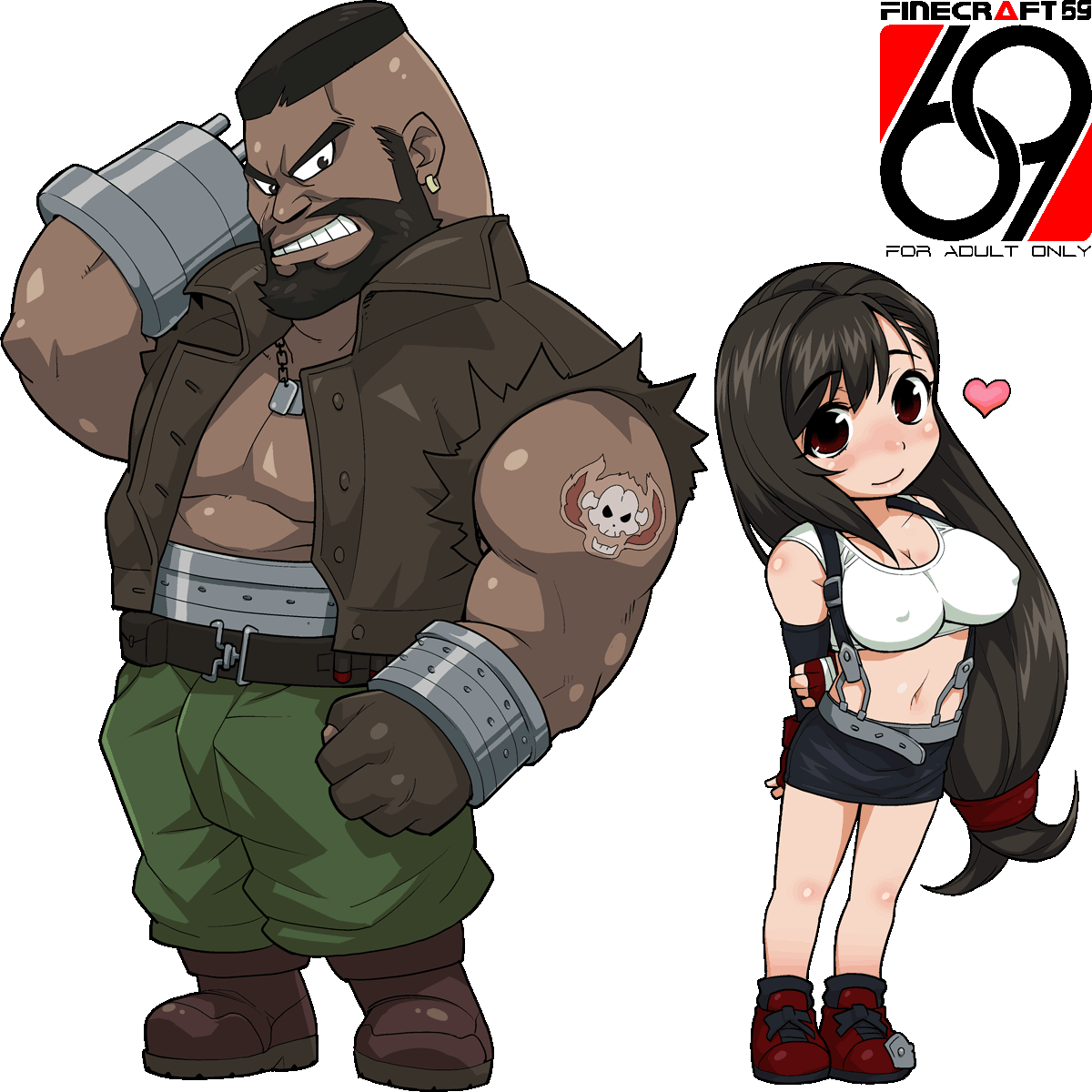 isako rokurou, barret wallace, tifa lockhart, final fantasy, final fantasy vii, highres, 1990s (style), 1boy, 1girl, arm cannon, beard, breasts, brown hair, chibi, covered erect nipples, crop top, dark-skinned male, dark skin, elbow gloves, facial hair, fingerless gloves, gloves, grin, heart, impossible clothes, impossible shirt, long hair, low-tied long hair, midriff, miniskirt, pencil skirt, red eyes, retro artstyle, shirt, skirt, smile, suspender skirt, suspenders, tank top, tattoo, transparent background, weapon