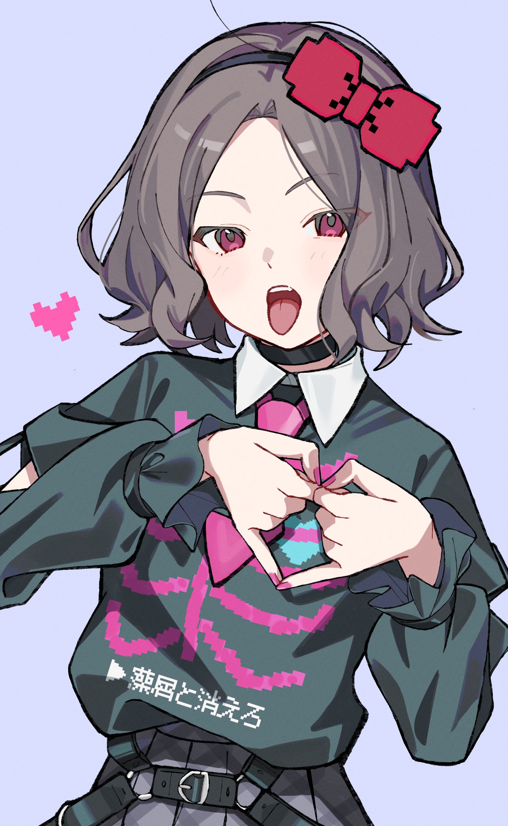 kuji (orca9ji), ebizuka tomo, girls band cry, absurdres, commentary, highres, symbol-only commentary, 1girl, black shirt, bow, detached sleeves, grey hair, hair bow, heart, heart hands, long sleeves, looking at viewer, nail polish, open mouth, pink nails, purple eyes, red bow, shirt, short hair, simple background, solo, teeth, tongue, tongue out, upper teeth only