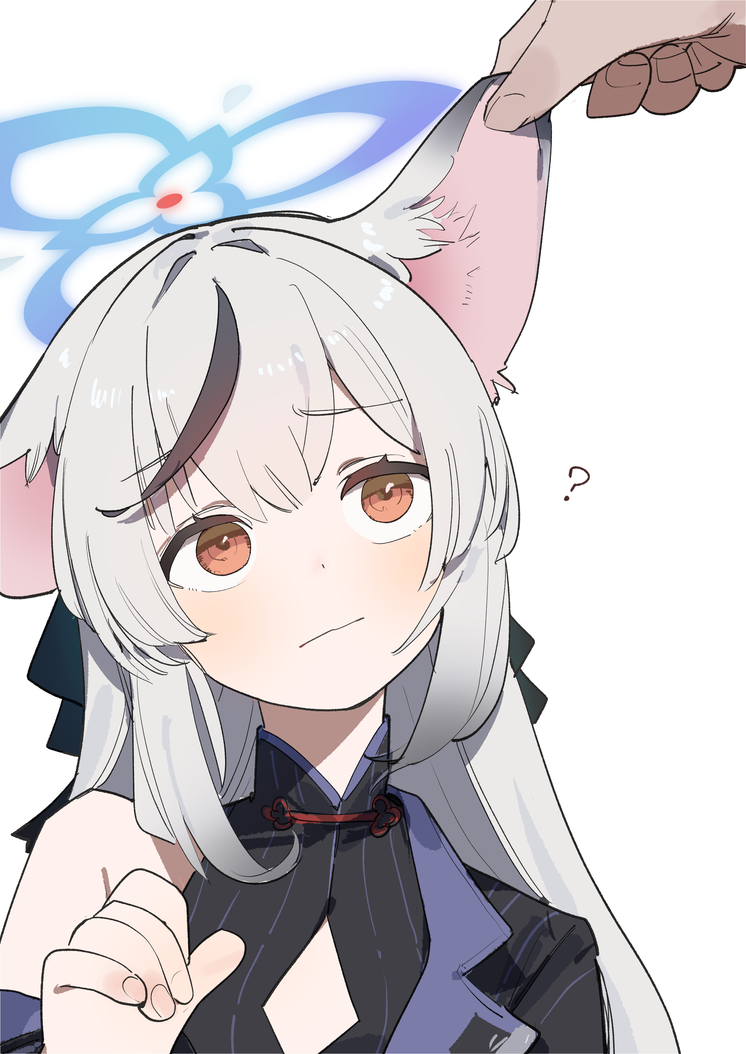 maton 3110, kokona (blue archive), blue archive, absurdres, highres, 1girl, ?, animal ears, black hair, blue halo, closed mouth, grabbing another's ear, grey hair, halo, hand on another's ear, long hair, multicolored hair, simple background, single bare shoulder, solo focus, streaked hair, white background, yellow eyes