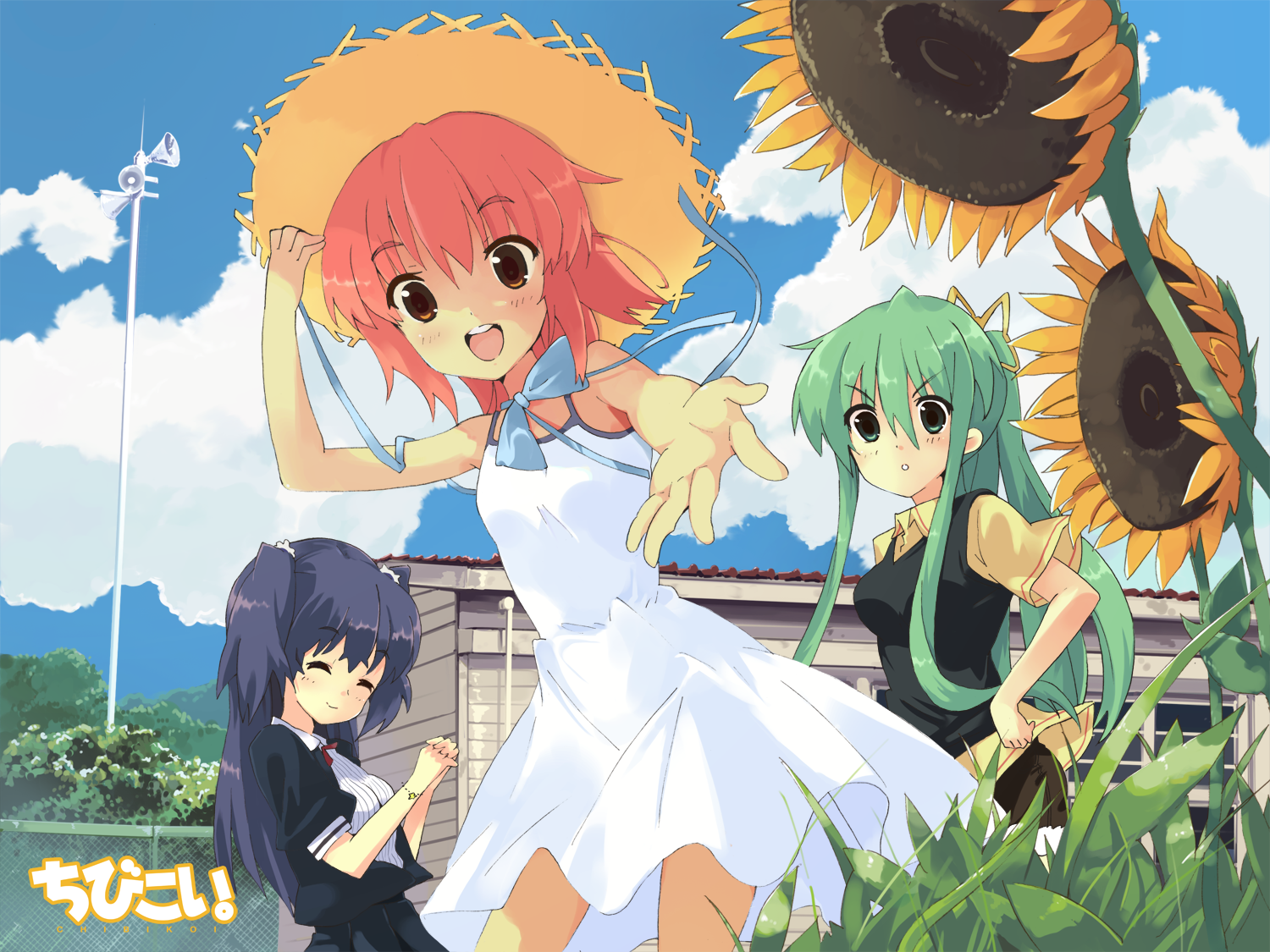arplants, chibi koi, original, bad id, bad pixiv id, 3girls, blue hair, brown eyes, cloud, day, flower, foreshortening, green hair, hat, multiple girls, offering hand, red hair, sky, sunflower