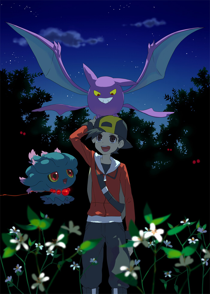 emunise, crobat, ethan (pokemon), hoothoot, misdreavus, nintendo, pokemon, pokemon hgss, 00s, 1boy, backpack, bag, black hair, flower, forest, gen 2 pokemon, hat, nature, night, outdoors, pokemon (creature), randoseru, smile, star (sky), tree, wings, you gonna get raped