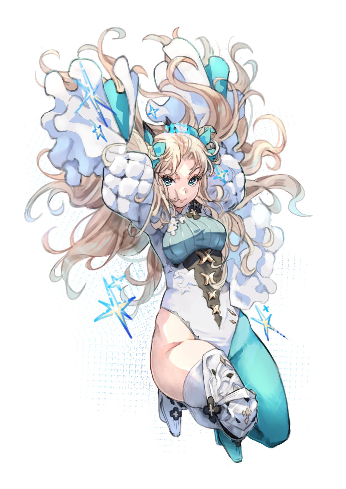 woong.i, ereshkigal (fate), space ereshkigal (fate), fate/grand order, fate (series), highres, 1girl, aqua eyes, aqua pantyhose, arms up, asymmetrical legwear, blonde hair, breasts, floating, floating hair, full body, impossible clothes, juliet sleeves, knee armor, leotard, long hair, long sleeves, medium breasts, pantyhose, puffy sleeves, single leg pantyhose, single thighhigh, smile, solo, star (symbol), star symbol background, thighhighs, tiara, white thighhighs