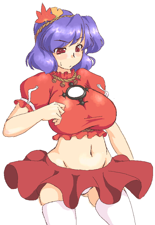 lute (apocalypselibrary), yasaka kanako, touhou, 1girl, blush, breasts, crop top, female focus, groin, hair ornament, large breasts, leaf hair ornament, looking down, midriff, miniskirt, navel, oekaki, panties, purple hair, red eyes, shirt, short hair, skindentation, skirt, solo, sweatdrop, taut clothes, taut shirt, thighhighs, underwear, white panties, white thighhighs