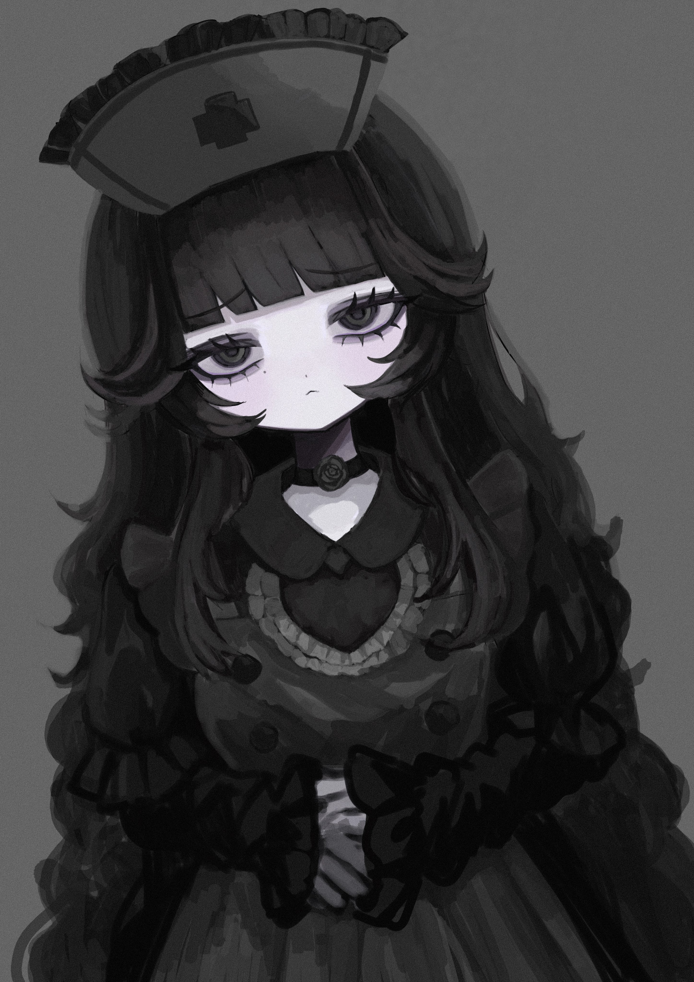 shiona (siona0625), original, absurdres, highres, 1girl, :<, apron, black eyes, black hair, blunt bangs, choker, expressionless, frilled headwear, gothic lolita, grey background, hair flaps, half-closed eyes, hat, head tilt, leaning to the side, lolita fashion, long hair, long sleeves, looking at viewer, mole, mole under eye, nurse cap, own hands together, solo, very long hair